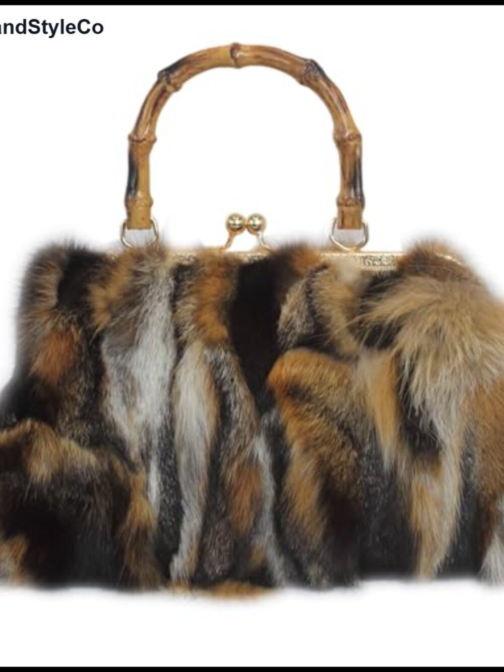 Real Fox Fur Handbag Kisslock Purse Bamboo Handle Patchwork Shoulder Bag